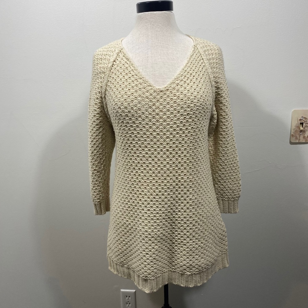 Soft Surrounds Cream Honeycomb Knit V-Neck Tunic Sweater Womens Small Cozy Cabin